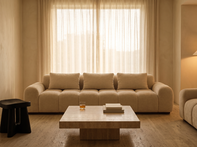Bari in a travertine room, sheer curtain light